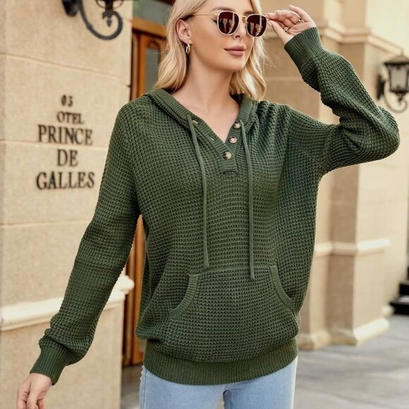 Women's Fall Oversized V Neck Knit Hoodie -Casual Long Sleeve Pullover w/ Pocket - Picture 1 of 4